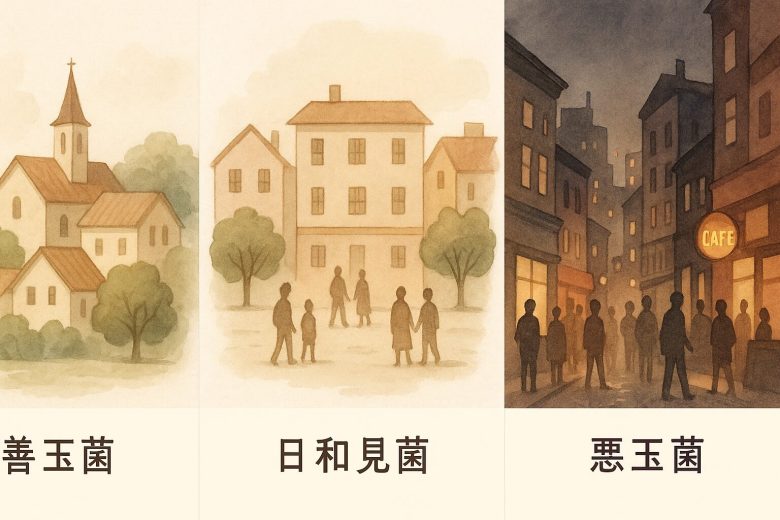 善玉菌・悪玉菌・日和見菌の住む街をイメージ