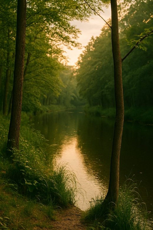 木々と小川の自然の風景の中に気づきを想像させる画像
