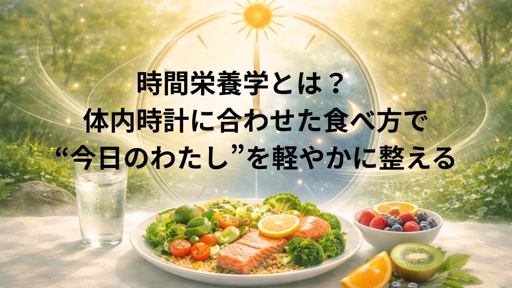 時間栄養学の時間を表す時計と食事の画像