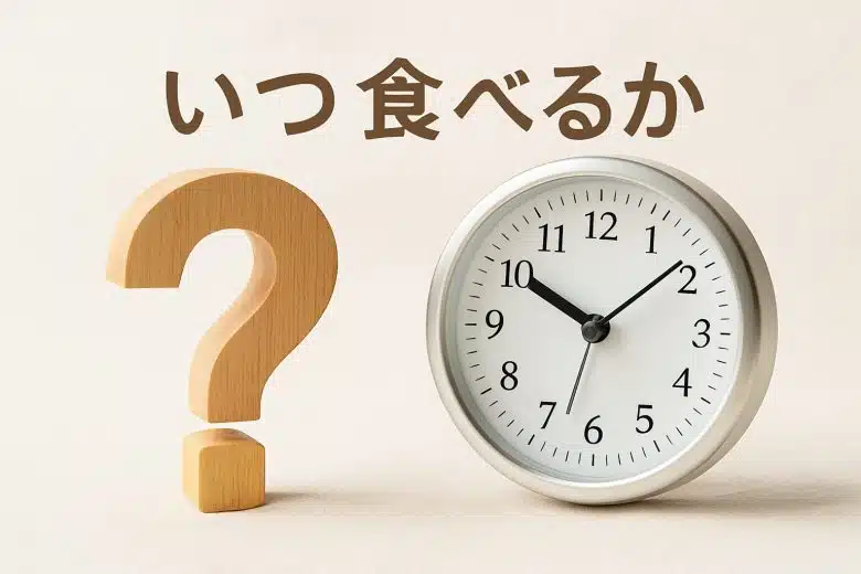 時計とクエスチョンマークでいつ食べるかを表す