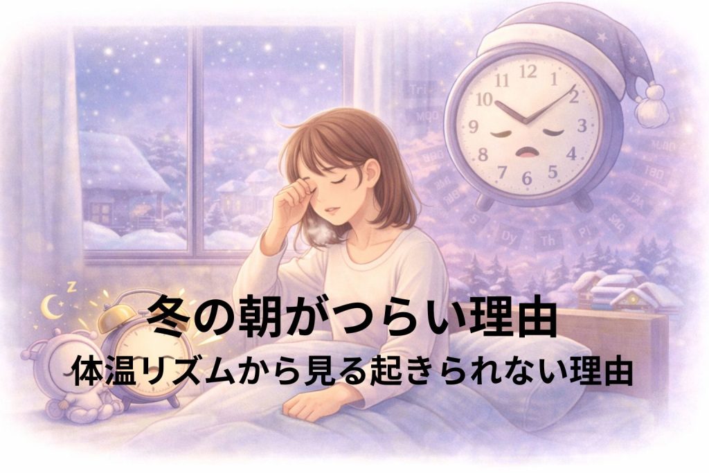 冬の朝起きるのがつらい様子をベッドと時計と目をこする人で表している