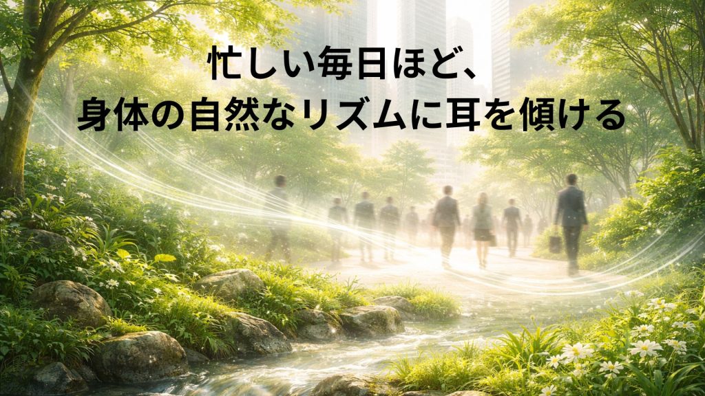 自然の中で忙しそうな人々が呼吸をしているイメージ