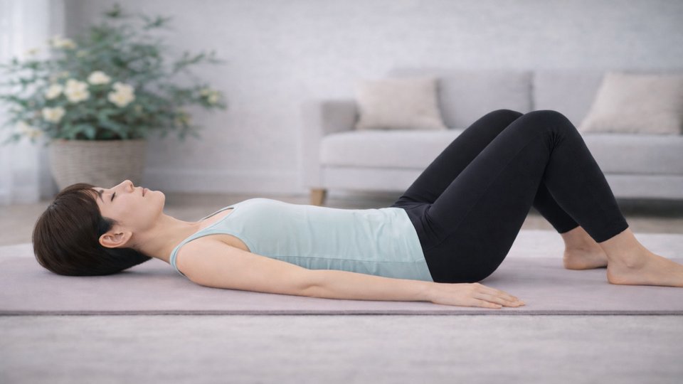 ピラティスのマットに仰向けになり両ひざを立てているポーズ画像