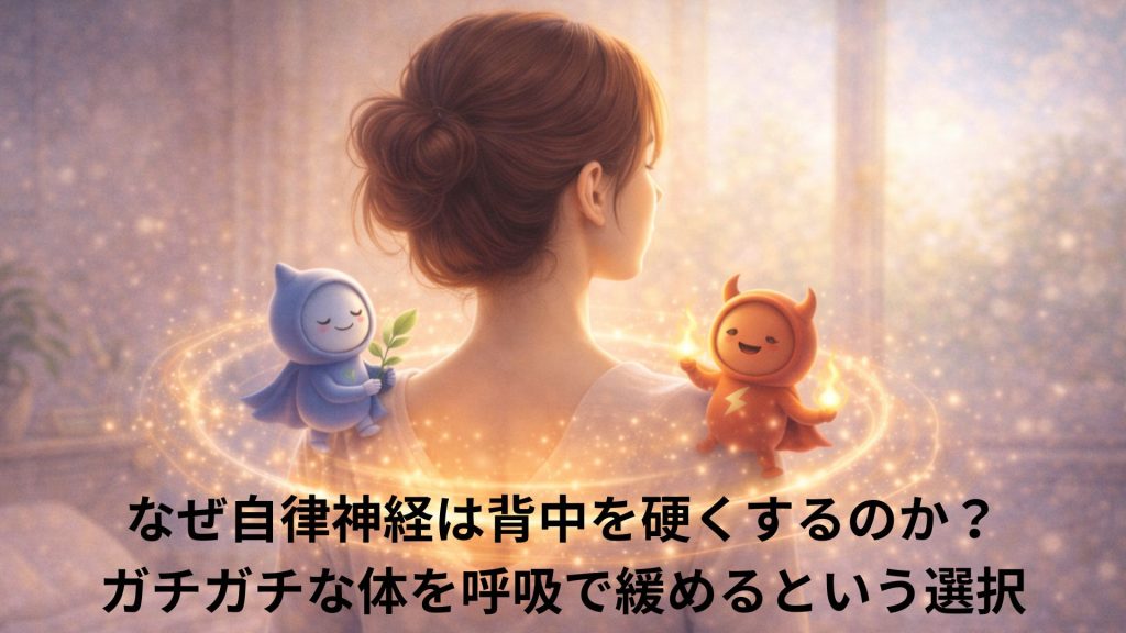 背中に呼吸の環と自律神経のイメージキャラクターがいる画像