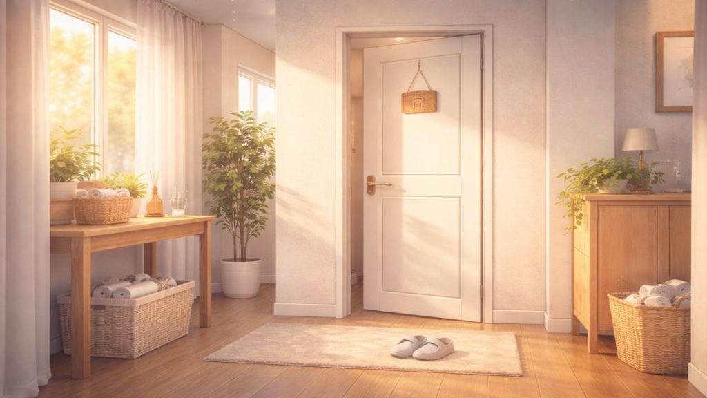 朝の家の廊下にトイレのドアが見えている画像