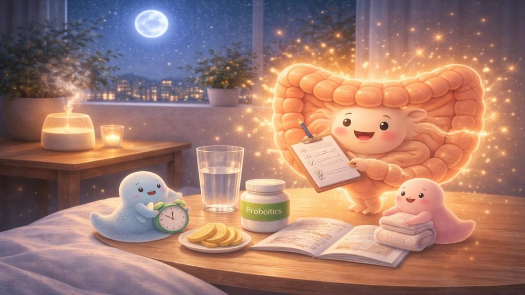 夜に準備をしている腸と腸内細菌の画像