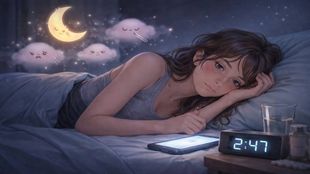 夜遅くまで寝むれず、スマホのライトも付いている疲れた女性の画像