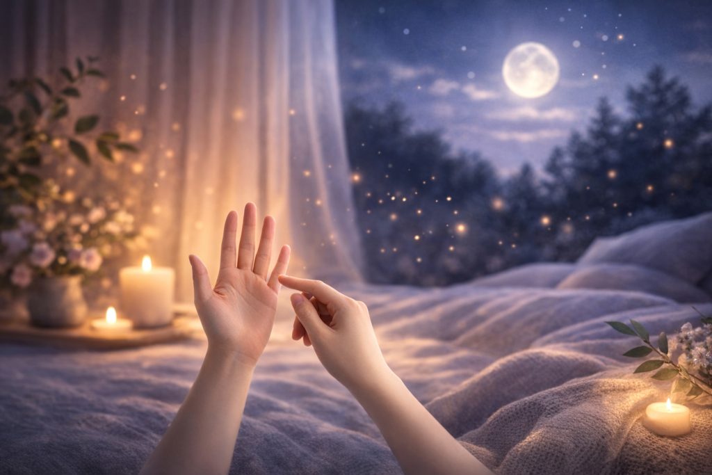 眠れない夜とベッドと呼吸と指の瞑想画像