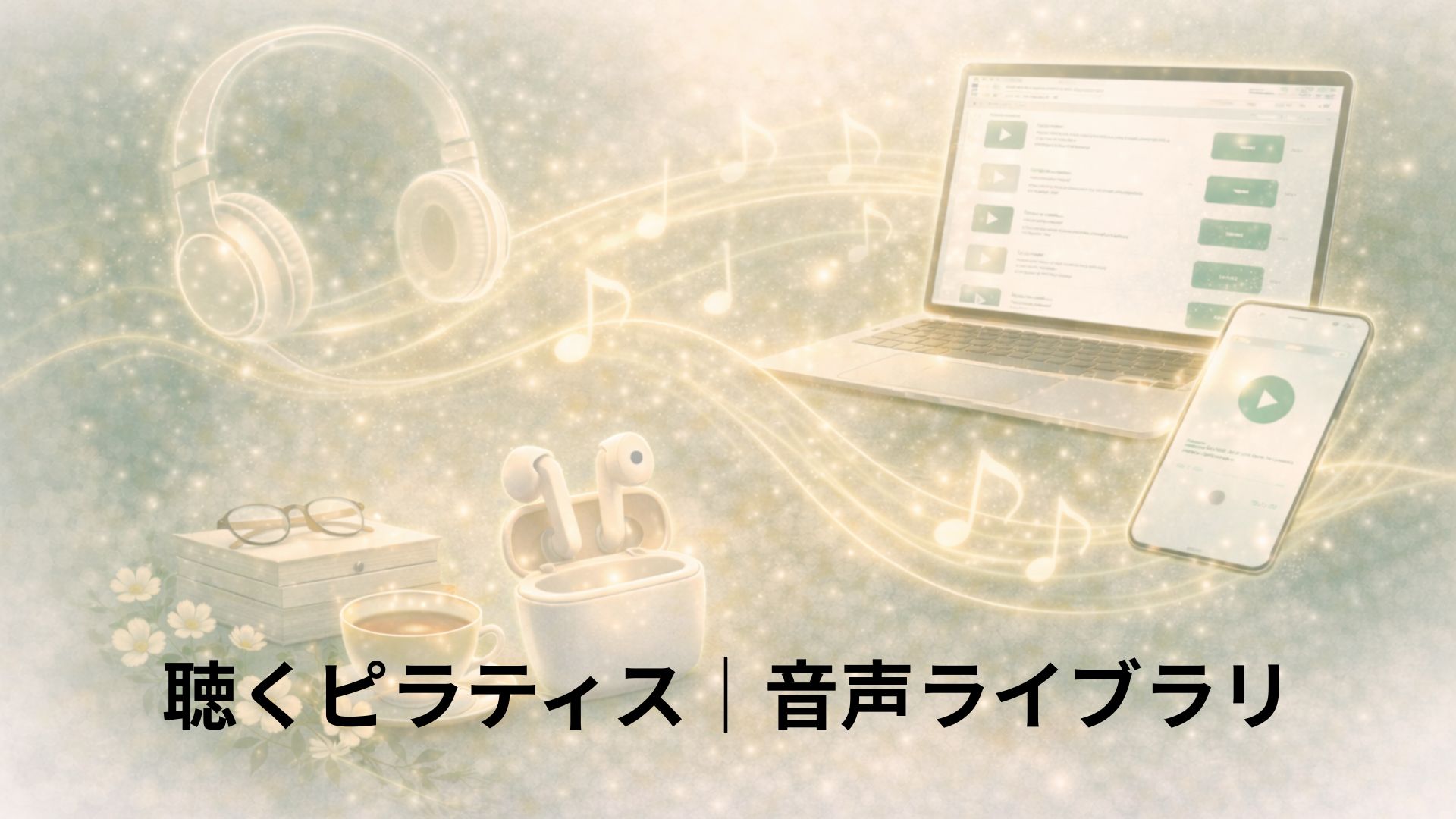 聴くピラティスのイヤホンなどと携帯やPCのイメージ画像