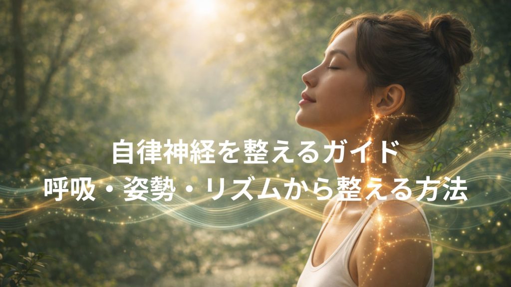 朝日が差し込む自然の中で呼吸をしながら自律神経が整う女性のイメージ画像