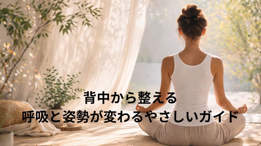 呼吸で背中を整える女性を背中側から表す画像