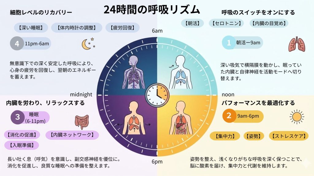 呼吸の24時間のリズムを時計を表しながら説明する図