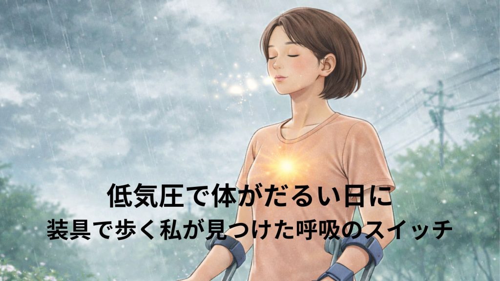 ぐずついた天気の中で杖を使って呼吸のスイッチを入れて歩く女性