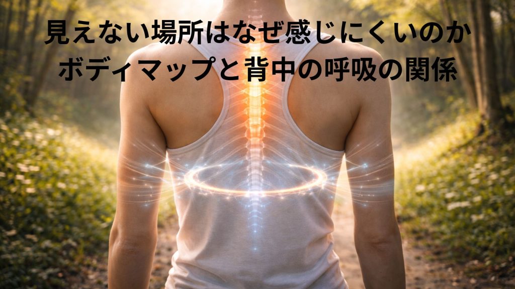 背中と背骨と呼吸のイメージを光を輪で表している画像